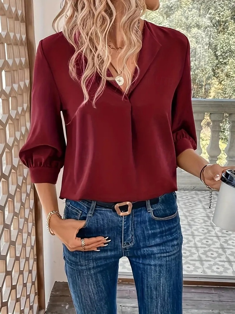 Mujer Blusa Color sólido Elegante Básico Casual Manga 3/4 Cuello Camisero Tops regulares Oficina Trabajo Negro Vino Verde Trébol Verano Primavera Otoño 2026 - $25.99 –P10