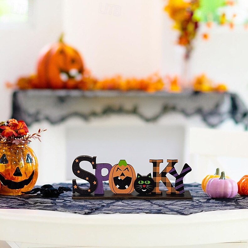 dekoracja na halloween z drewnianym środkiem, upiorny drewniany stojak na litery do ekspozycji na stole halloweenowym, dekoracja na imprezę w nawiedzonym domu DIY 2025 - $8.99 –P7