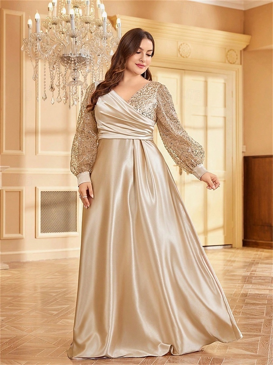 Robe A-Line Grande Taille Élégante Robe Courbe De Mariage Formelle Longue Au Sol Manches Longues Col en V En Polyester Avec Plis 2025 de 2025 ? $119.99 –P18