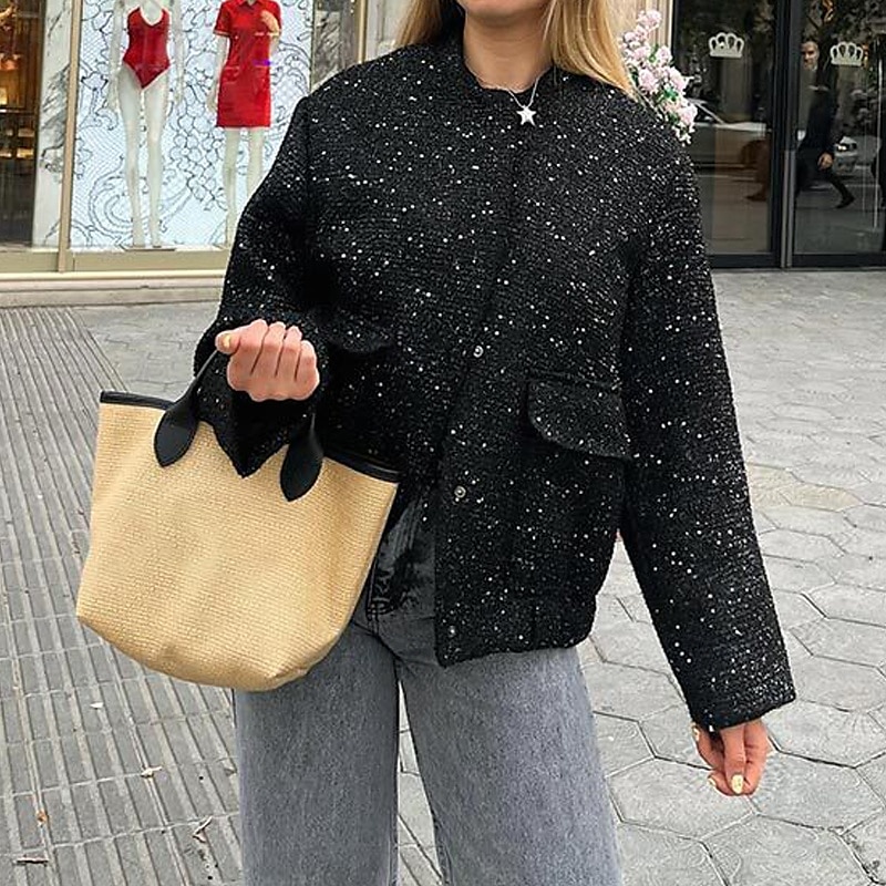 Mujer Abrigo de invierno Cómodo Bolsillo Lentejuela Moda Plano Exterior Noche Botonadura Simple Regular Escote Chino Ajuste regular Manga Larga Ropa de calle Negro Dorado Otoño Invierno 2025 - $39.99 –P6