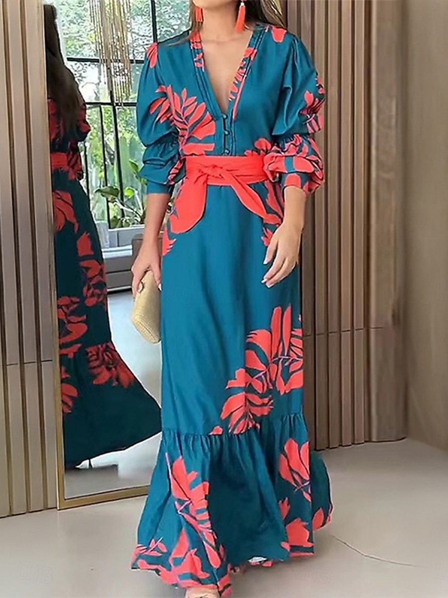 Pentru femei Rochie Maxi Rochie A line Casual În aer liber Ieșire Fit regulat Floral Grafic Manșon Lung În V Albastru piscină Vară Primăvară 2025 - $30.99 –P1