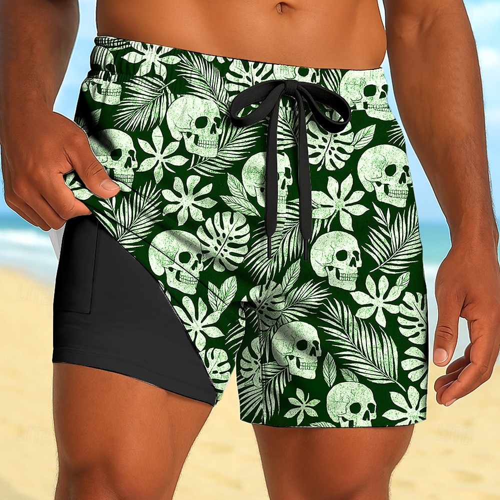 Herr Tropiska växter Dödskalle Blommor Fodrade shorts 2 i 1 simshorts Badshorts Medium Midja Hawaiisk Strandsemester Sidfickor Med kompressionsfoder Elastisk dragsko i midjan Designer Kläder 2025 - $21.99 –P5