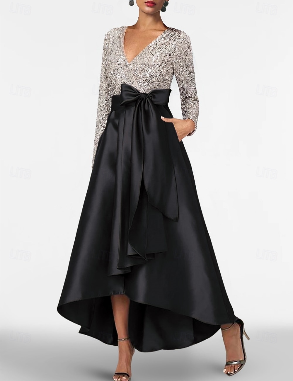 Abiti cocktail A-Line Abito elegante Matrimonio Formale Maniche lunghe asimmetriche Scollo a V Pochette Satina con fiocco(i) del 2025 a $135.99 –P4