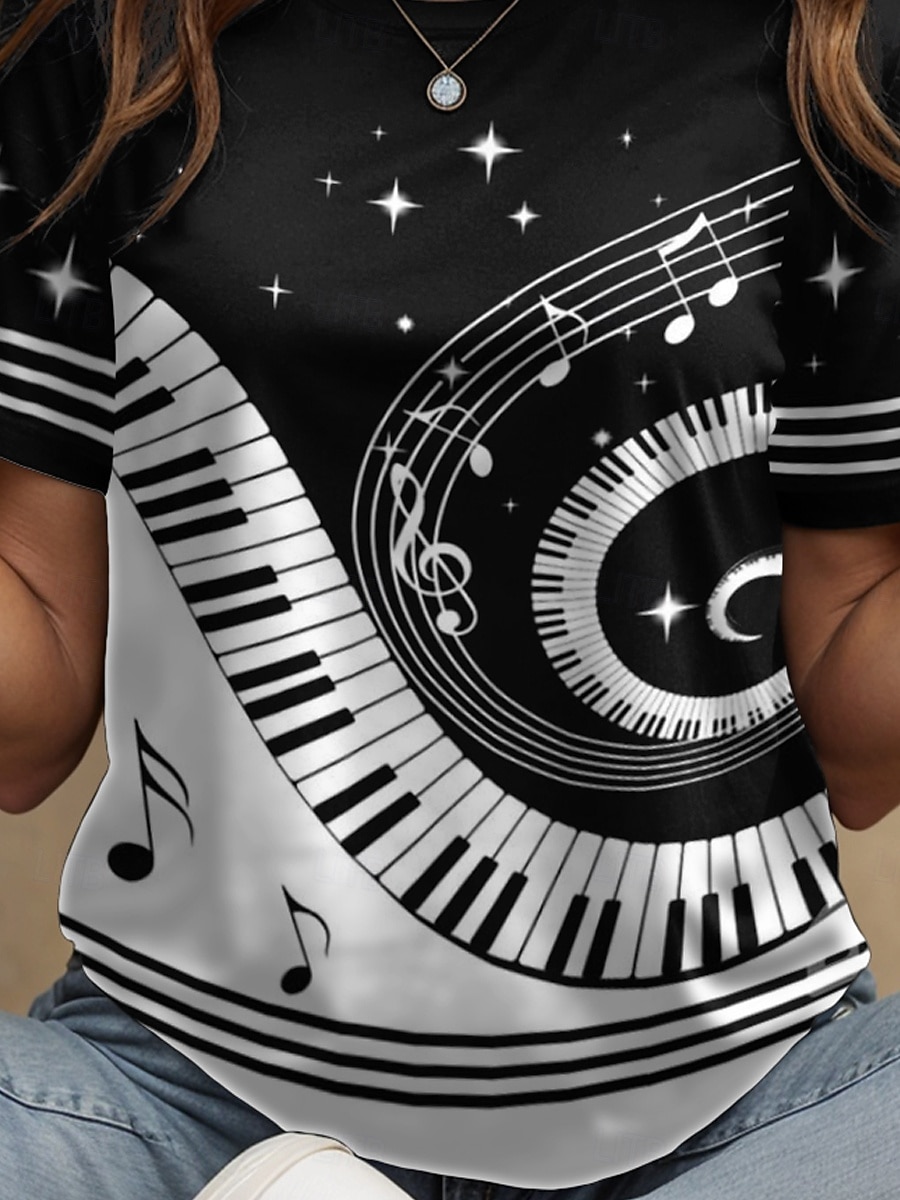 Festival de Música Mujer Camiseta Estampado Graphic Geométrico Vintage Elegante Clásico Manga Corta Cuello Barco Escote Redondo Tops regulares Diario Fin de semana Negro y blanco Blanco / Negro 2026 - $22.99 –P3