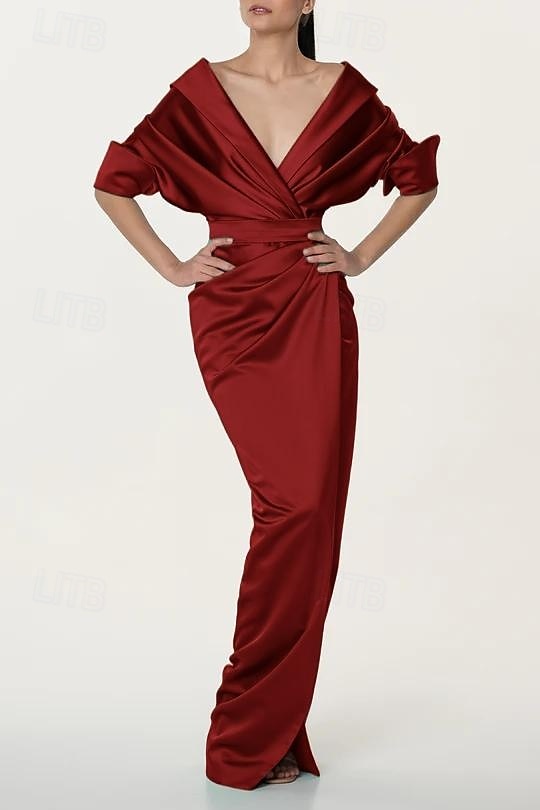 Meerjungfrau  Trompeten Brautmutter Kleid Elegantes Einfaches Minimalistisches V-Ausschnitt Portrait-Kragen Bodenlang Stretch-Satin Halblange Ärmel mit gerafften Details und Schlitz 2025 - $143.99 –P7