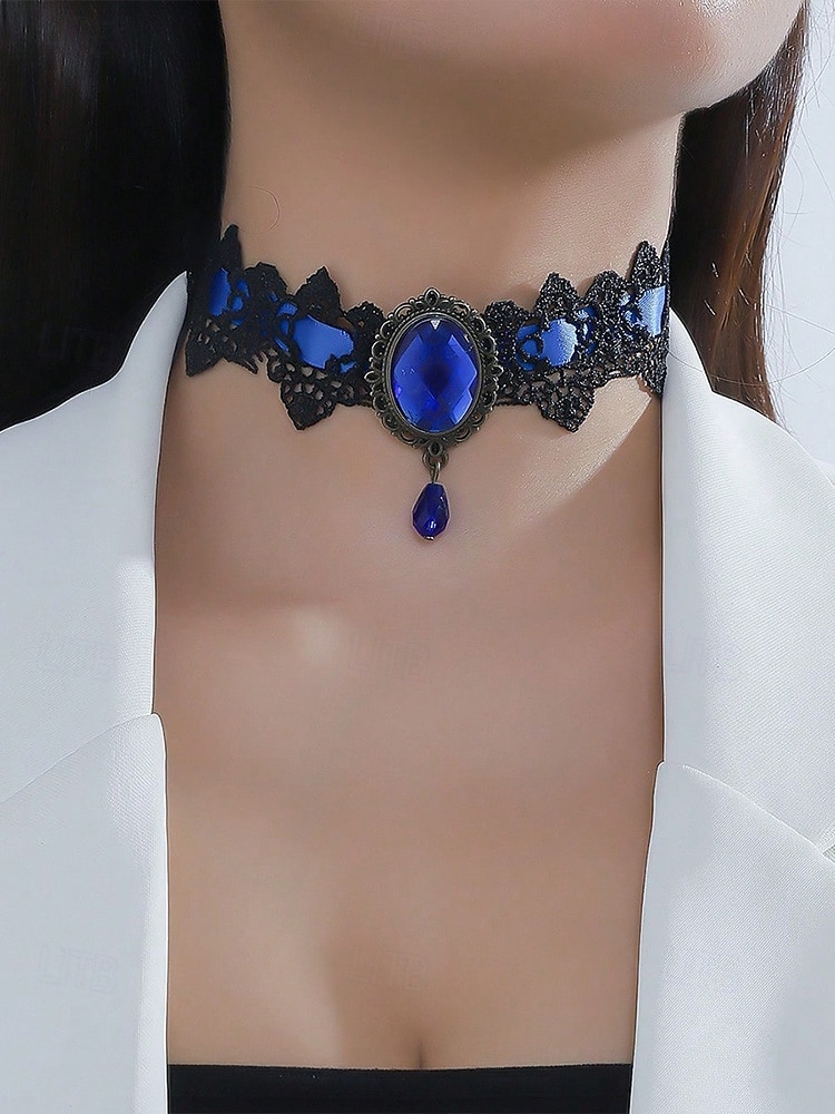 Collier ras du cou gothique en dentelle pour femme avec pendentif en pierre rouge, bijou vintage en velours noir pour fête d'Halloween et cosplay costumé de 2025 ? $7.99 –P3