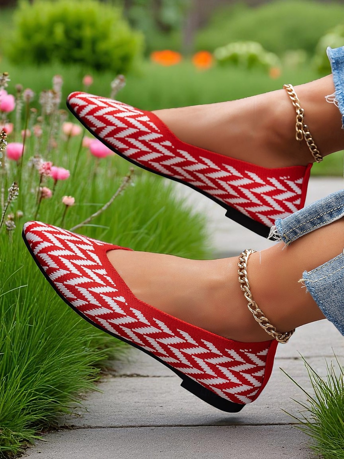 ballerine rosse da donna in Flyknit – ballerine morbide con punta affilata e motivo a zig-zag per appuntamenti casual, picnic ed eventi diurni del 2025 a $18.99 –P4