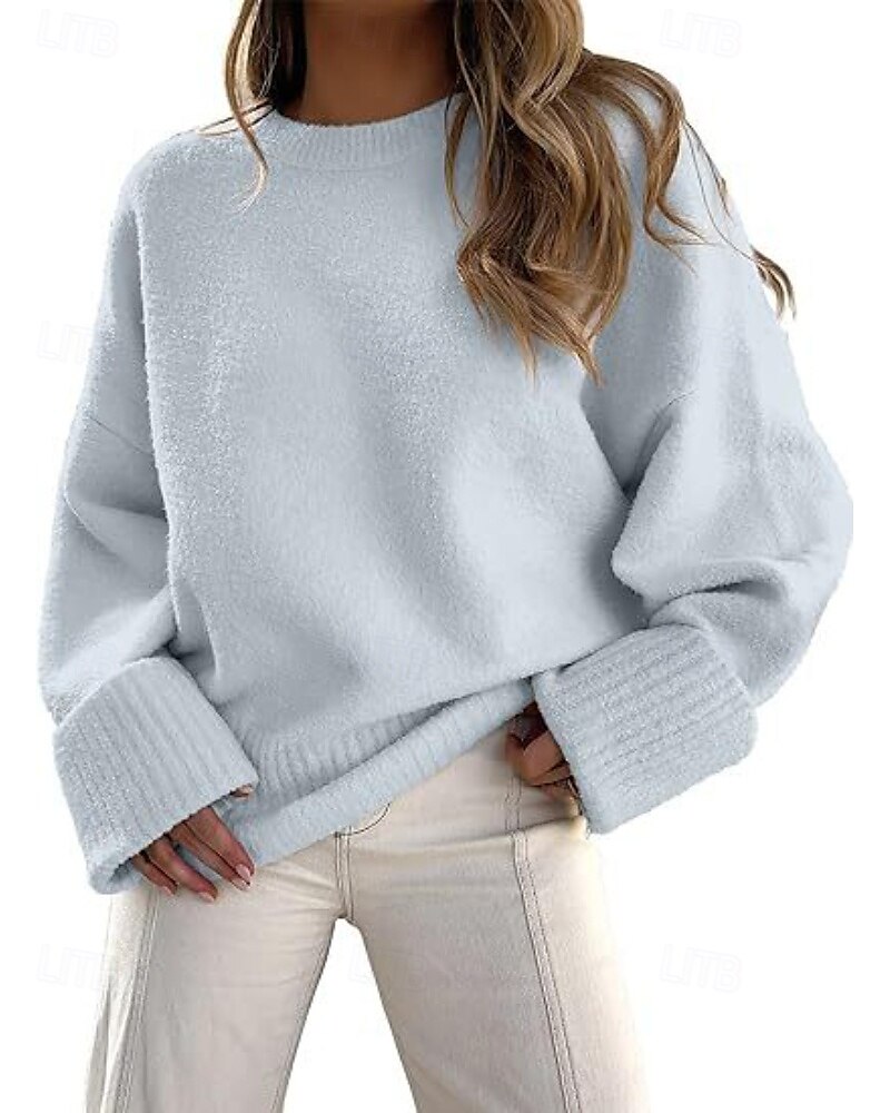 Women's Sweater Pullover Fashion Solid Color Ribbed Crew Neck Knitted Long Sleeve Regular Tops Knit Outdoor Holiday Going out Black White Fall 2025 - $28.99 –P15