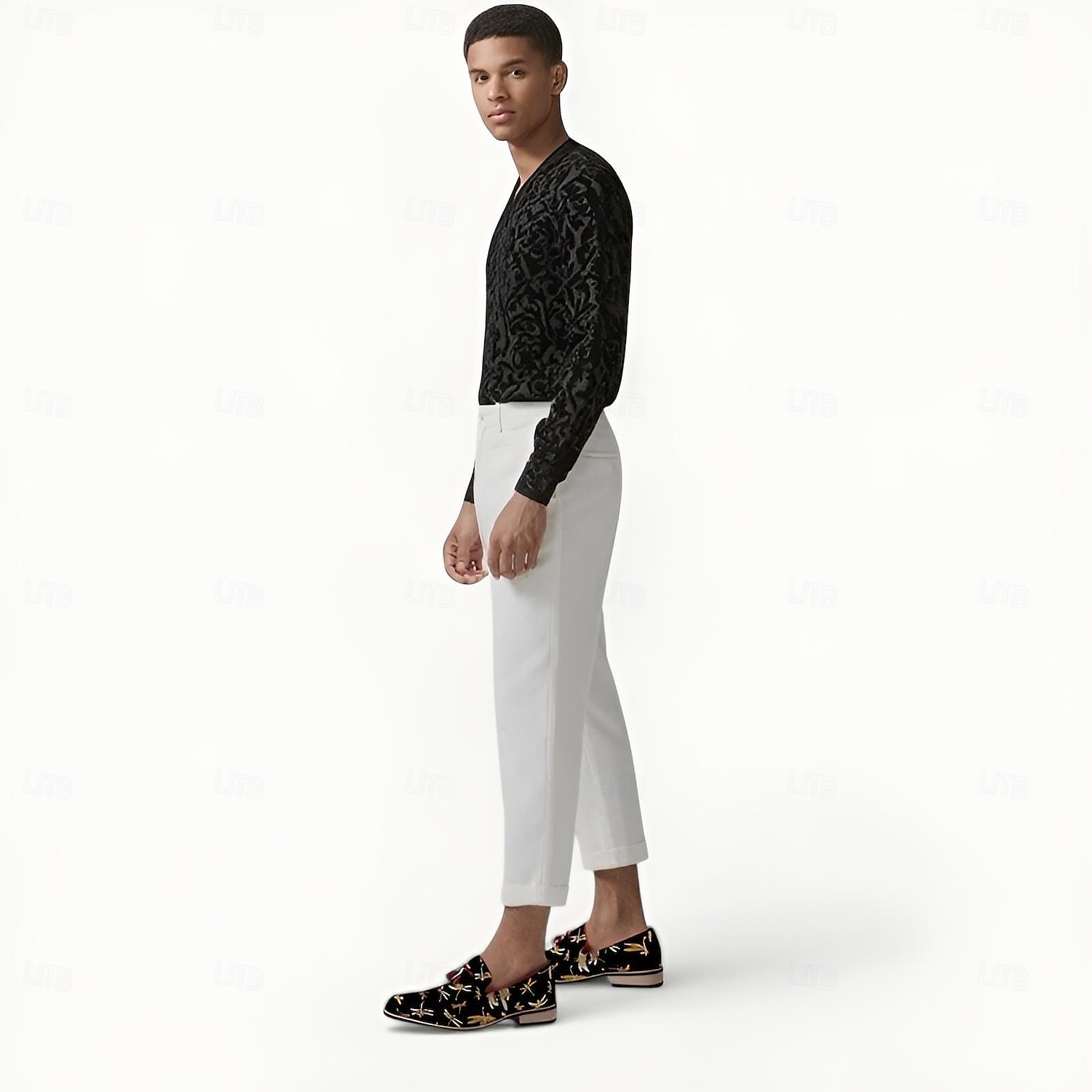 Svarta herrloafers i jacquard med trollsländebroderi, perfekta för kvällssammankomster, bröllop och semiformella tillfällen 2025 - $42.99 –P2