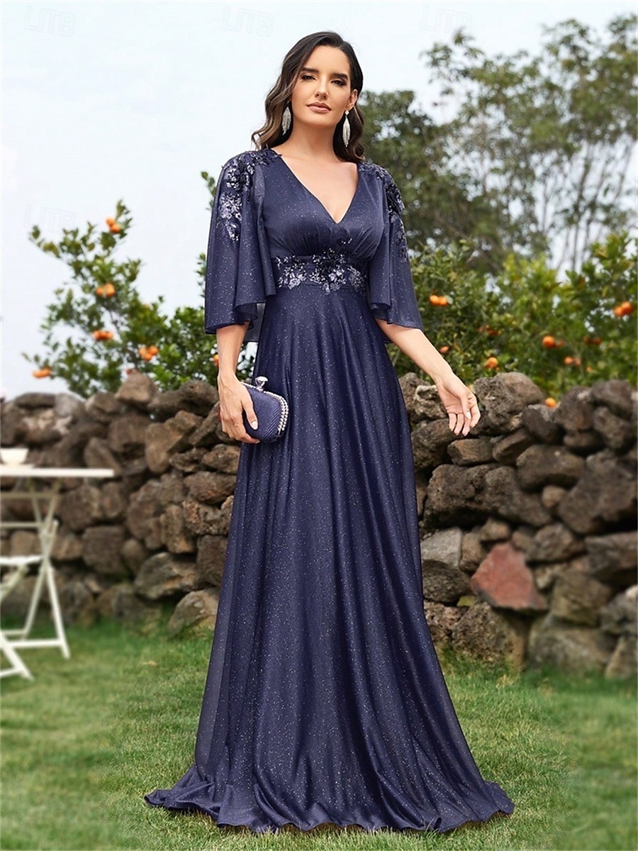 Robes de quinceanera en A élégante robe formelle mariage longueur au sol manches 3/4 en V chiffon dos en V avec plis de 2025 ? $99.99 –P5