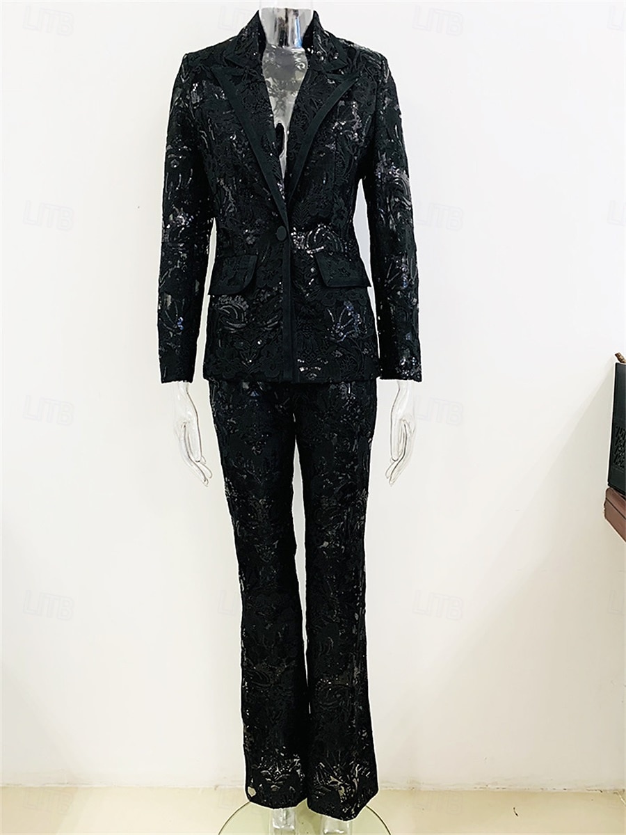 Conjunto de Calças Vestido da Mãe da Noiva Vestido Elegante Colarinho de Camisa Comprimento do Tornozelo Renda Mangas Longas com Cor Sólida de 2025 por $149.99 –P10