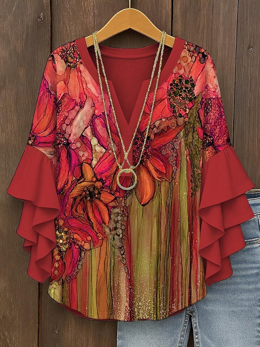 Damen Bluse Blumen Grafik Abstrakt Elegant Täglich Lässig Dreiviertelarm V Ausschnitt Normale Oberteile Täglich Ferien Druck Gelb Rosa Rote Blau Purpur Sommer Frühling Herbst 2025 - $29.99 –P9