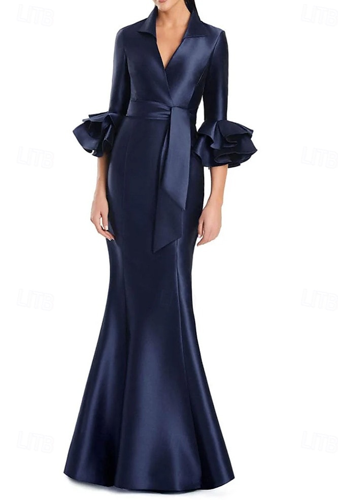 schwarz-weißes Abendkleid Meerjungfrau/Trompete Abendkleid elegantes Kleid formelle Hochzeit bodenlang Halbarm Hemdkragen Stretch-Satin mit Rüschen 2025 2025 - $139.99 –P6