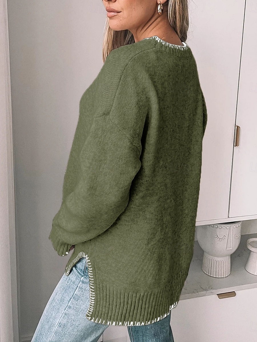 Damen Pullover Lässig Weich Einfarbig Gerippt Rundhalsausschnitt Patchwork Gestrickt Langarm Normale Oberteile Stricken Outdoor Täglich Wochenende Grün Khaki Herbst Winter 2025 - $39.99 –P4