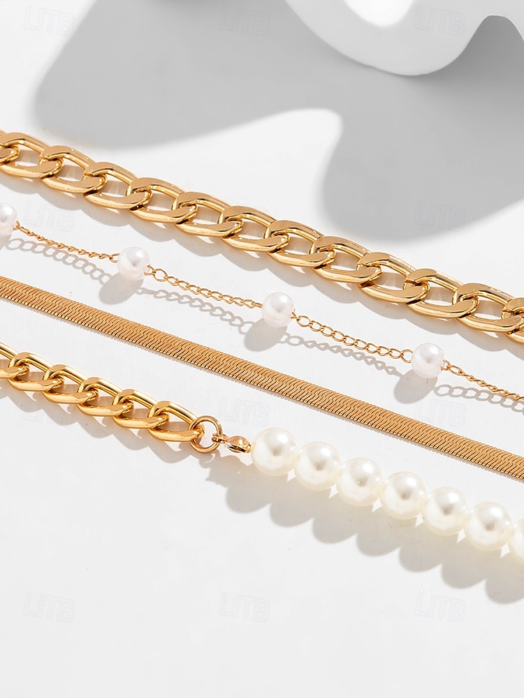 2026年 レディースゴールドチェーンとパールブレスレットセット、ファッショントグルクラスプジュエリー、女の子と女性のためのエレガントなレイヤードスタイル、パーティー、結婚式、オフィス、普段使いに最適  コレクション – $11.99 –P10