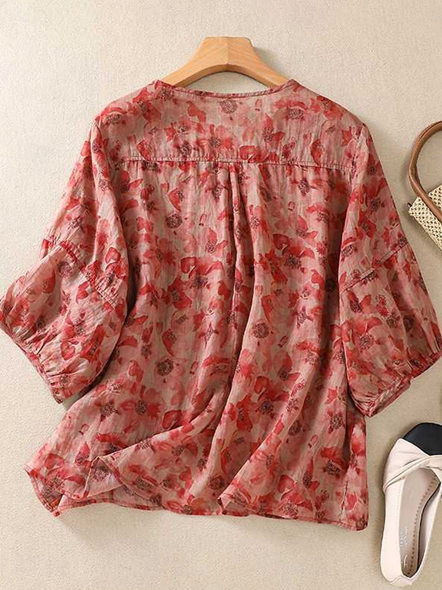 Femmes Chemises en coton et lin Fleuri Occasionnel Manche 3/4 Col ras du cou Hauts Réguliers Quotidien Imprimé Noir Rouge Violet Vert Été de 2025 ? $26.99 –P3