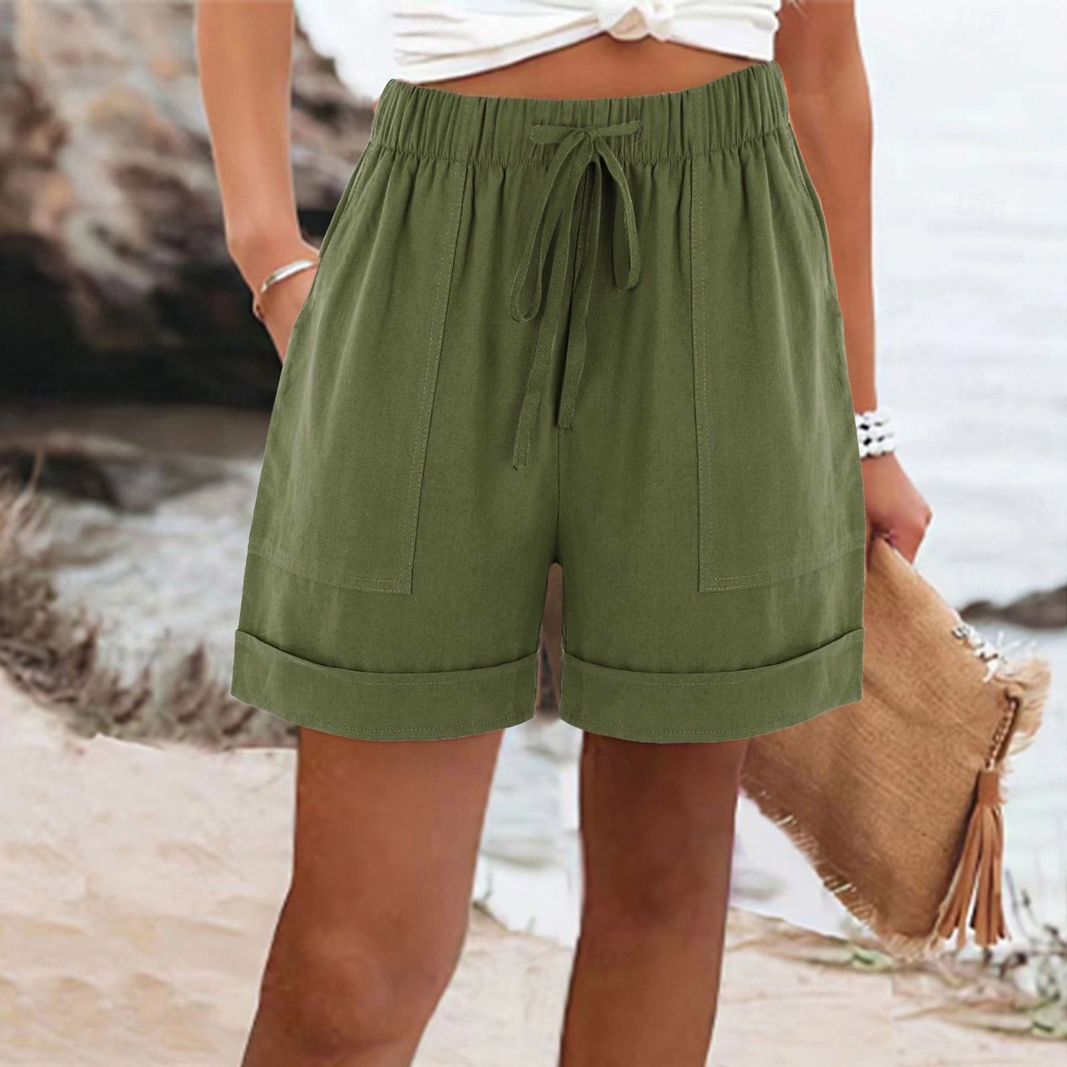 Per donna Pantaloncini in cotone e lino Chinos Shorts Essenziale Corto Vita Alta Semplice Tasca Fascia Elastica Comodo Morbido Confortevole Micro-elastico All'aperto Streetwear Nero Rosa Verde del 2025 a $20.99 –P8