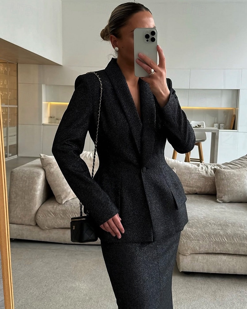 Vestido de mãe da noiva em duas peças com glitter, corte A, blazer peplum, elegante, simples, luxuoso, lapela xale, comprimento até o chão, manga longa com botões 2025 de 2025 por $169.99 –P1