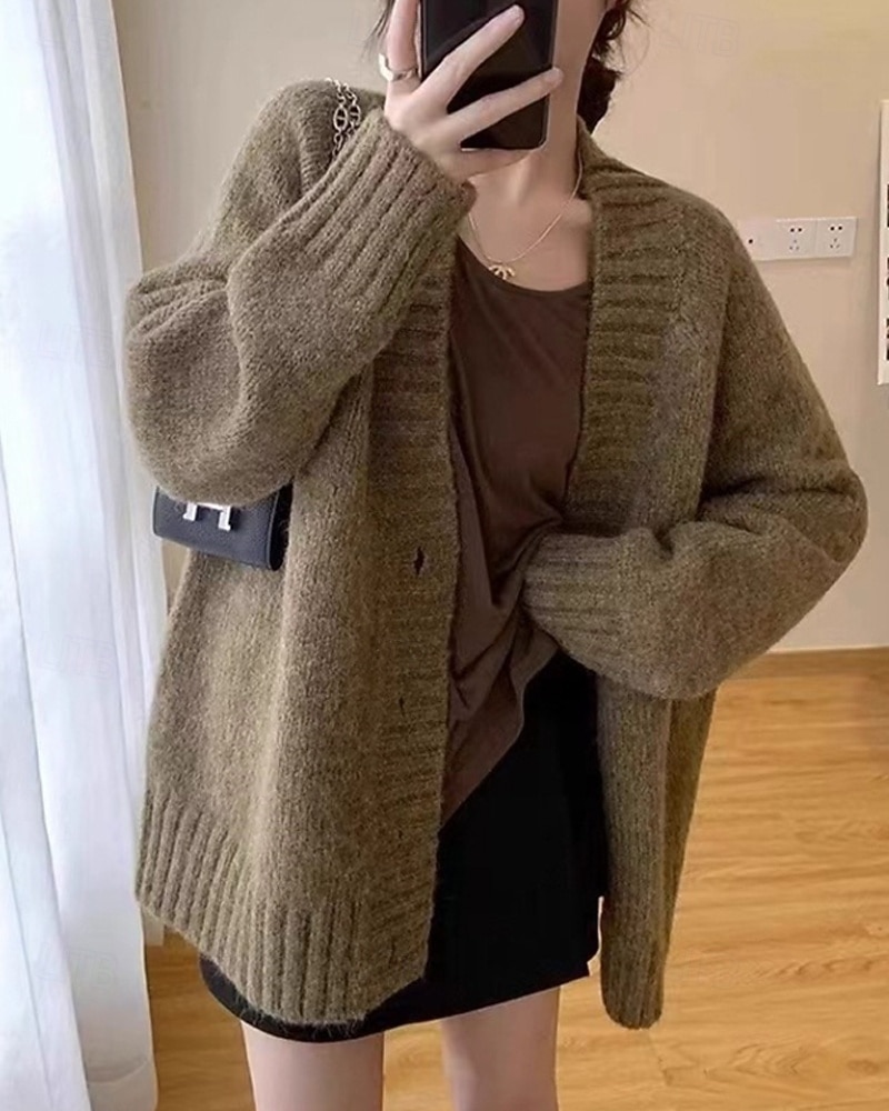 Damen Pullover Strickjacke Mode Einfarbig Gerippt V Ausschnitt Knöpfe Gestrickt Langarm Normale Oberteile Stricken Täglich Ferien Ausgehen Schwarz Dunkelgray Herbst 2025 - $28.99 –P3