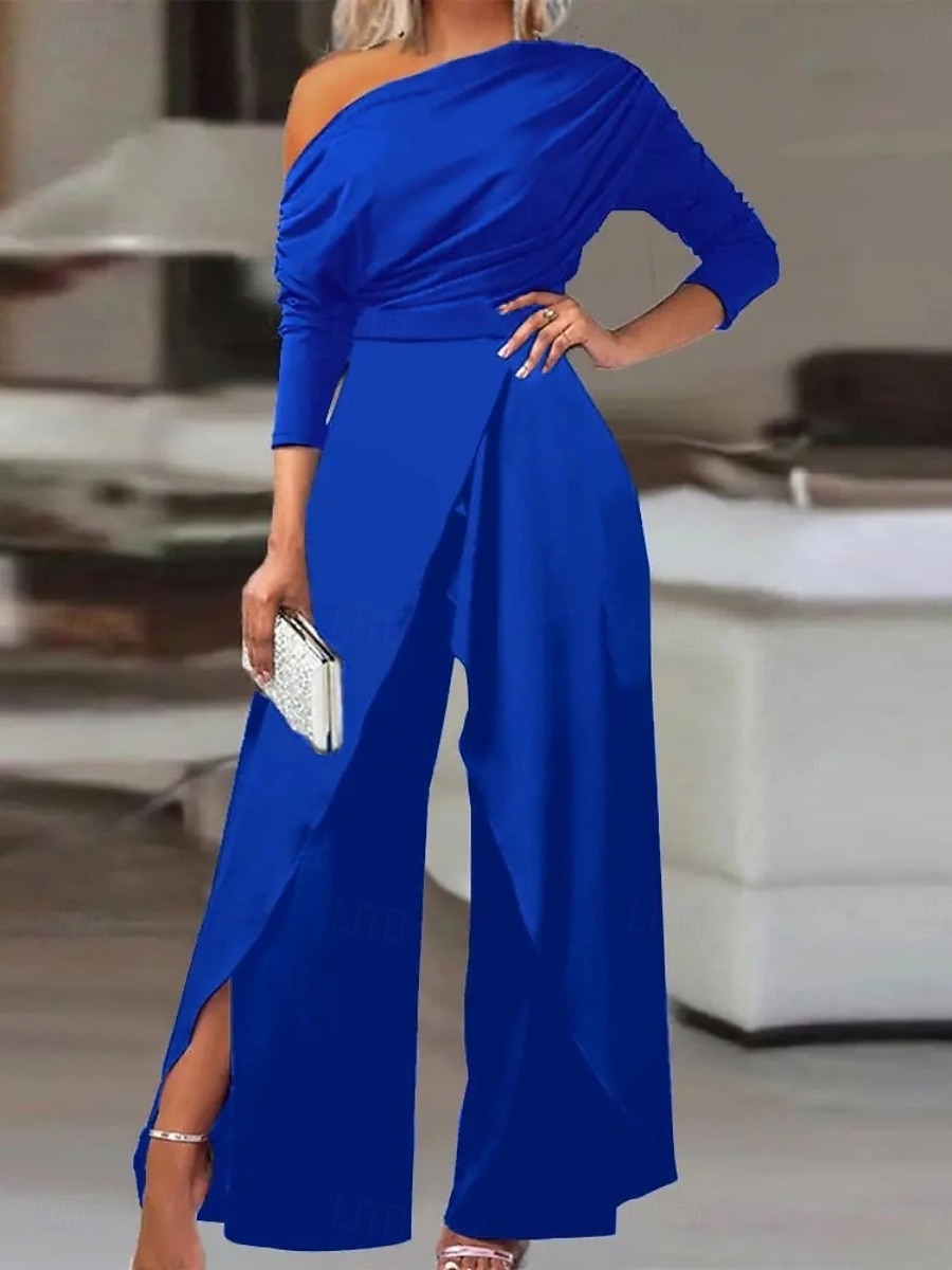 Dam Vanligt Jumpsuits Elegant Ensfärgat Långärmad Brett skaft kall axel Hög midja Semester Fest Normal Svart Vit Blå Sommar 2025 - $37.99 –P1