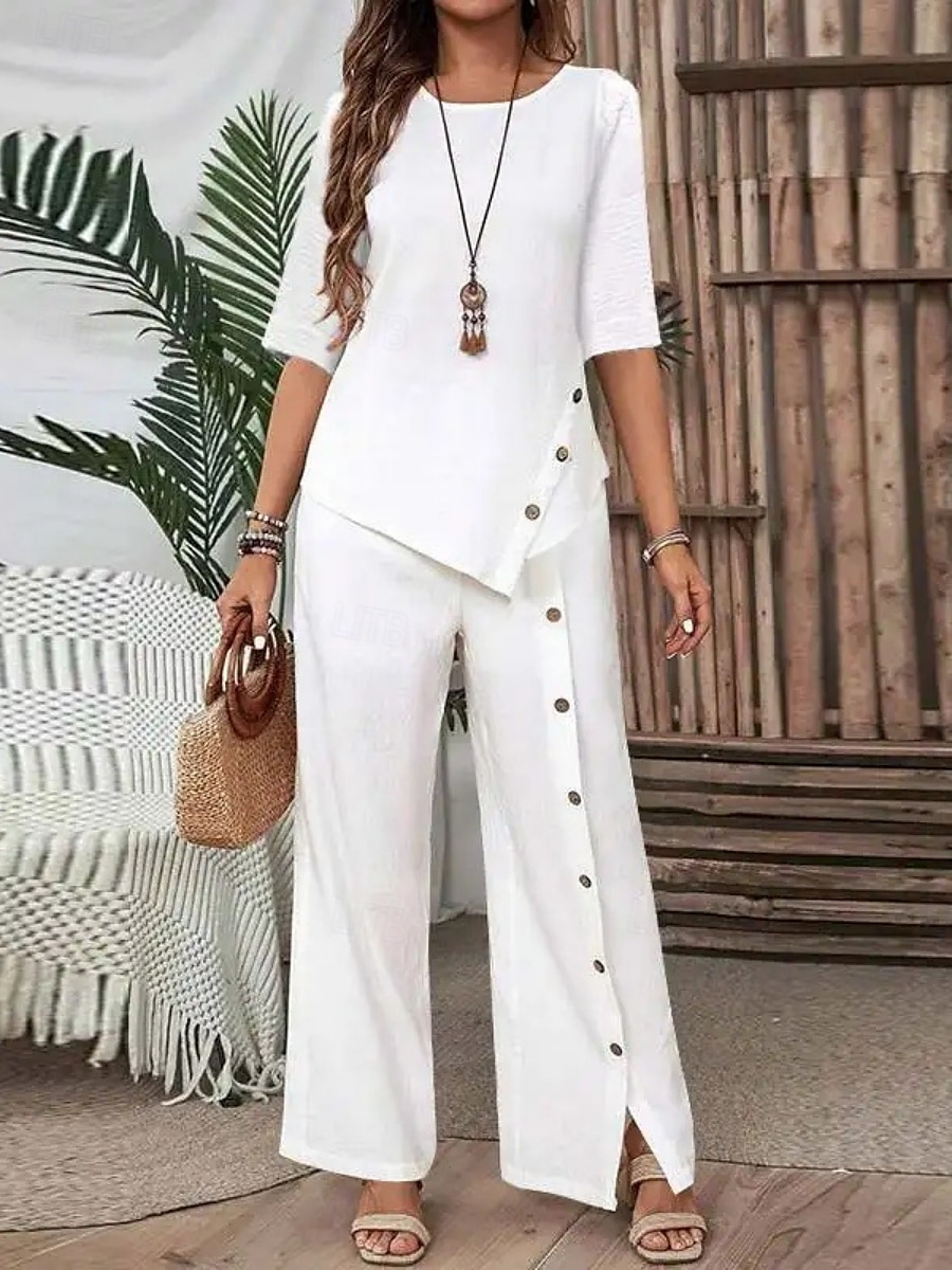 Femmes Élégant Mode Streetwear Ensembles de Pantalons Demi Manches Col rond Couleur Unie Patchwork Occasionnel Quotidien Noir Blanche Vert Été Coupe régulière de 2025 ? GBP £33.99 –P2