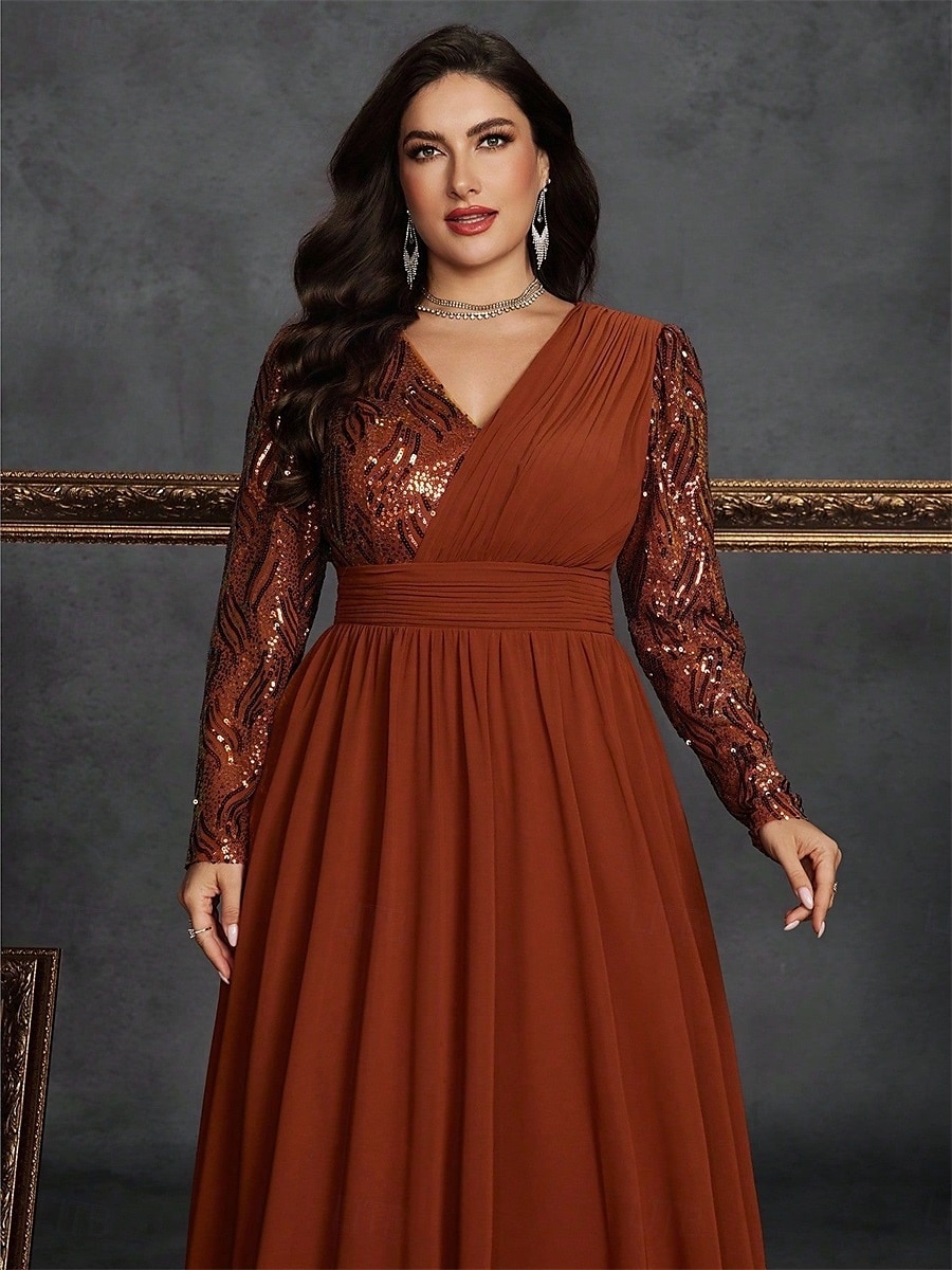 A-Line Plus Size Dresses Elegant Curve Dress Formal Wedding Floor Length Long Sleeve V Neck Chiffon with Sequin 2025 - $119.99 –P22