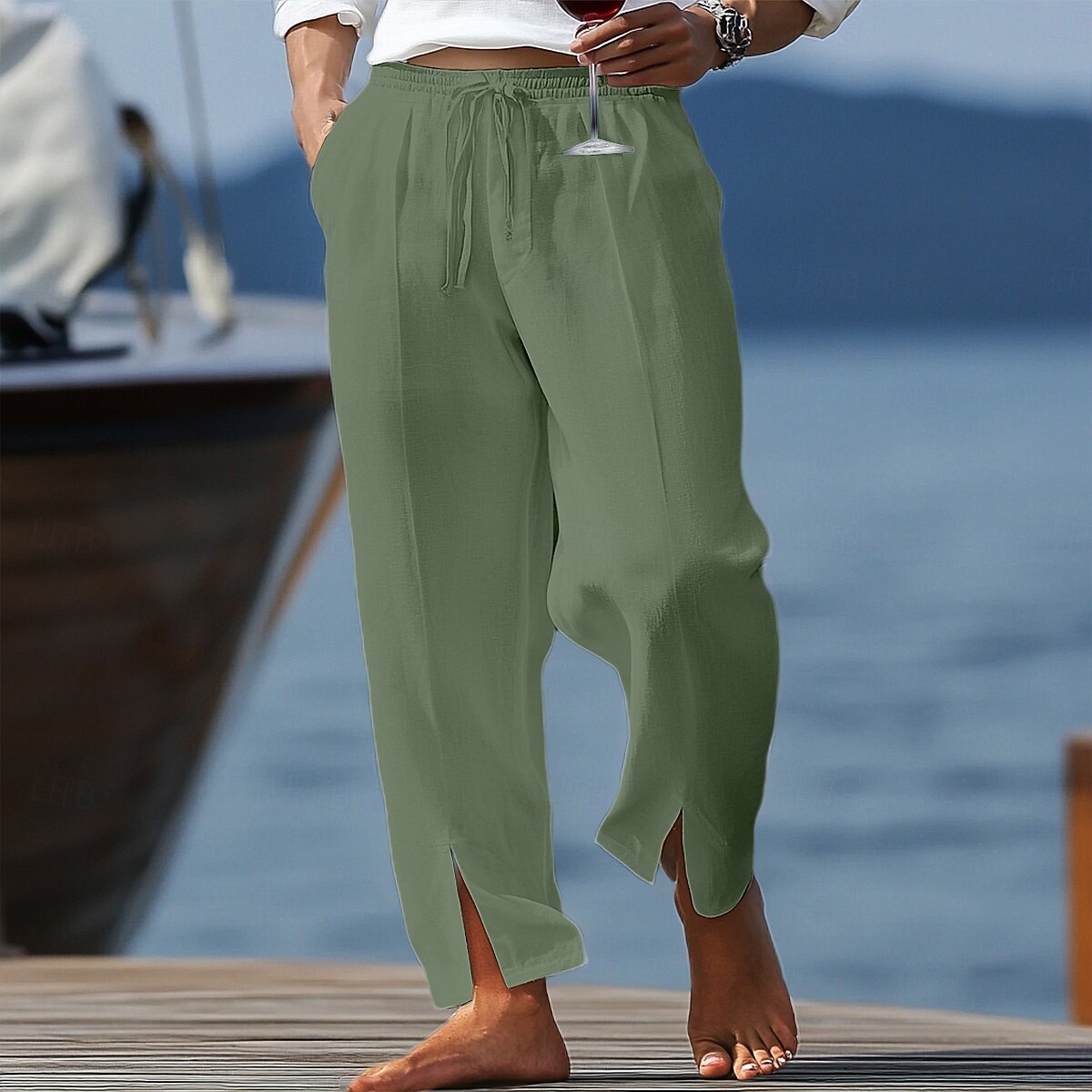 Homens Calças de linho Calças Calça verão Calças largas Com Cordão Cintura elástica Fenda Tecido Conforto Respirável Comprimento total Casual Diário Feriado Férias Moda Preto Branco Sem Elasticidade de 2025 por $25.99 –P6