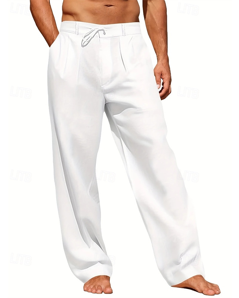 Męskie Lniane spodnie Spodnie Letnie spodnie Spodnie plażowe Kieszeń Ściągana na sznurek Prosta noga Równina Komfort Oddychający Urlop Codzienny Święto Hawajskie Boho Biały Khaki 2026 - $21.99 –P3