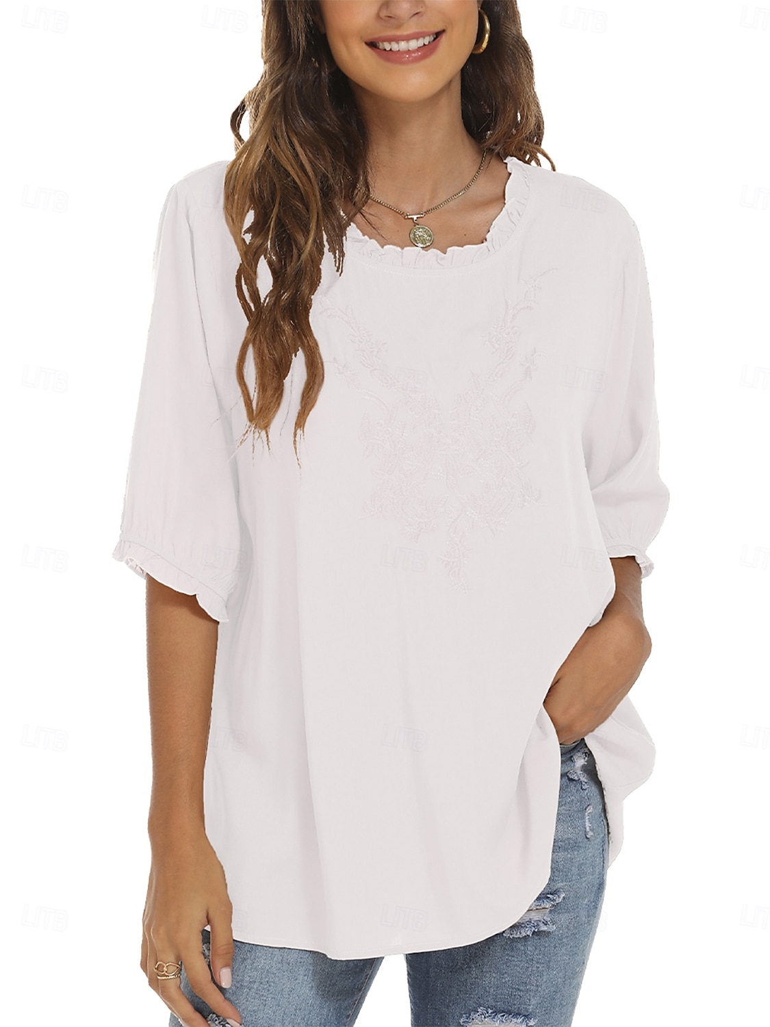 Damen Hemd Einfarbig Blumen Lässig Boho Dreiviertelarm Ellbogenärmel Rundhalsausschnitt Normale Oberteile Täglich Ausgehen Rüsche Bestickt Schwarz Weiß Rote Khaki Sommer 2025 - $24.99 –P1