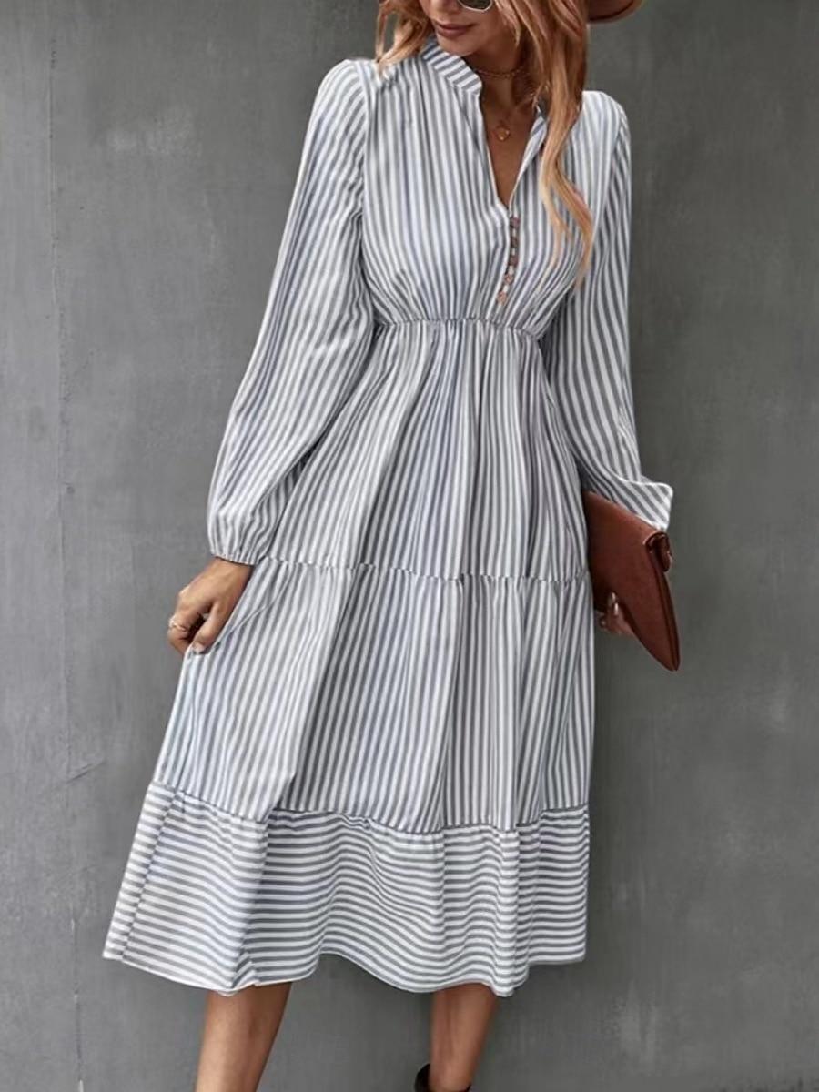 Pentru femei Rochii Midi Rochie A line Casual Zilnic Potrivire Largă Dungi Manșon Lung În V Negru Albastru piscină Trifoi Primăvară Toamnă 2025 - $39.99 –P5