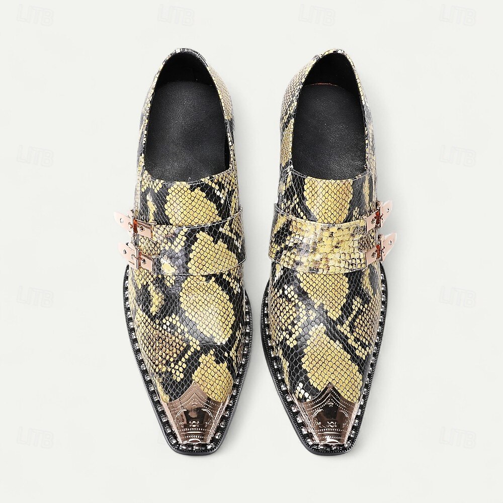 Chaussures habillées en cuir imprimé peau de serpent pour hommes – mocassins formels en cuir de vachette de qualité supérieure avec doubles boucles métalliques, bout pointu et clous pour les banquets en soirée, les galas de mode et les soirées masquées de 2025 ? $119.99 –P4