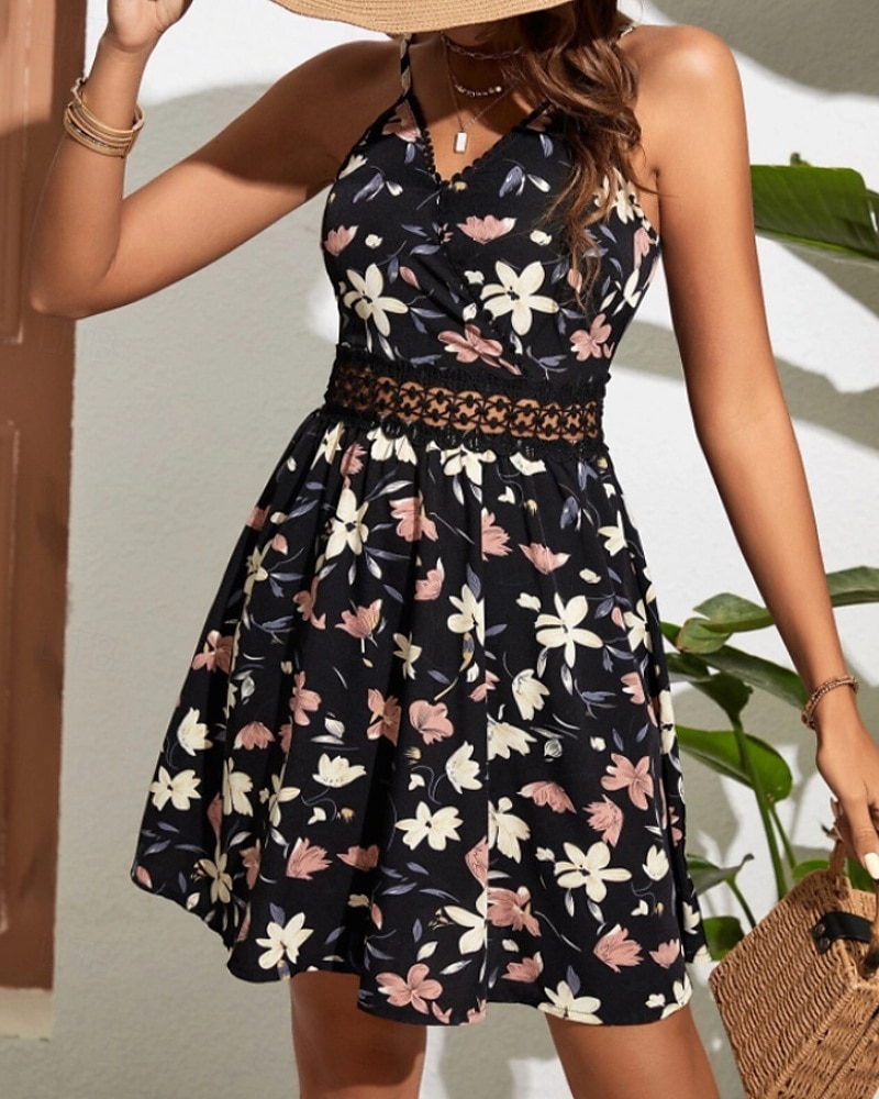 Femmes Mini Robe Robe Fleurie Robe d'été Robe Nuisette Robe Imprimée Classique Moderne Vacances Sortir Week-end Coupe régulière Fleur Sans manches Bretelles spaghetti Noir Bleu de minuit Été de 2025 ? $22.99 –P15