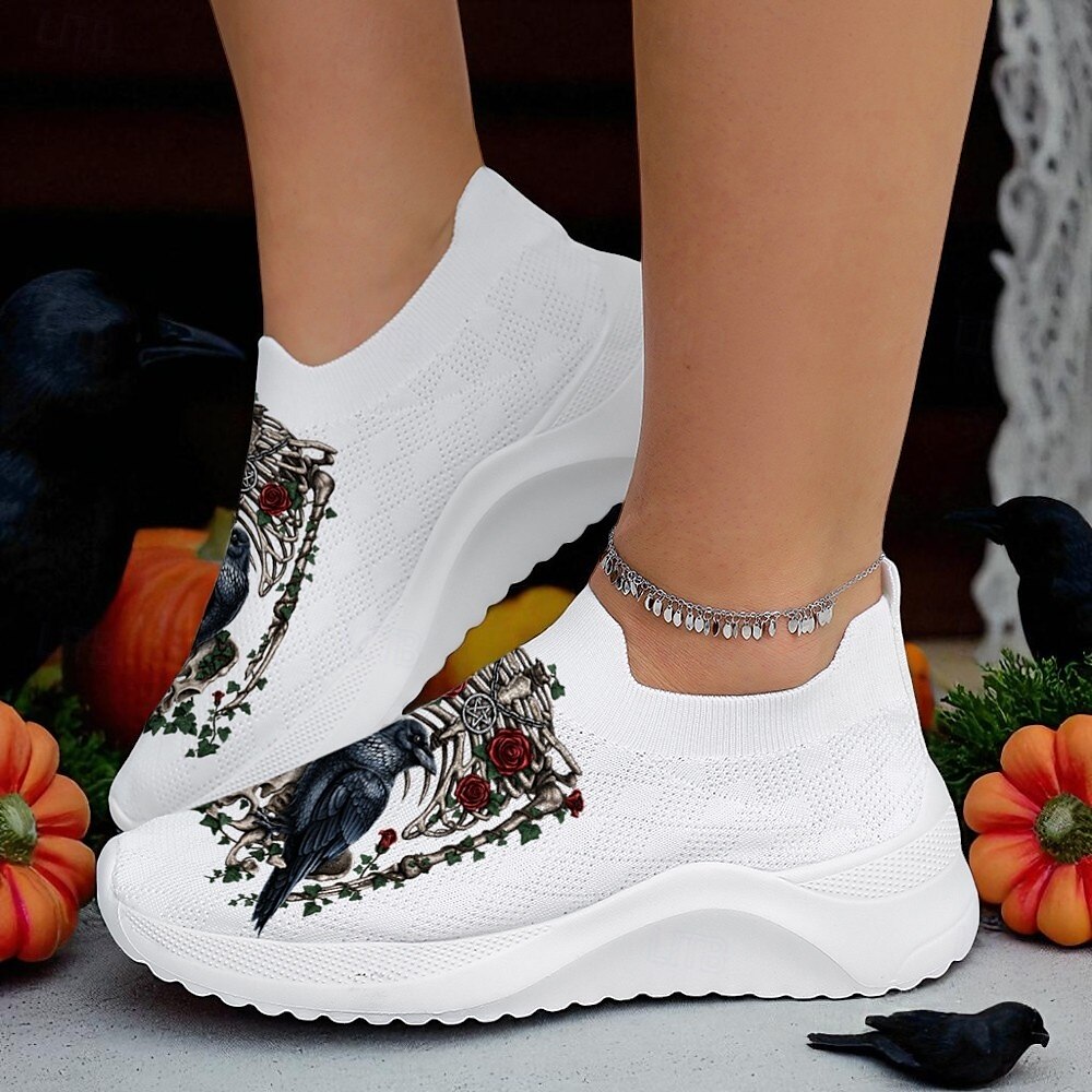 Dámské gotické boty s potiskem havraní kostry – bílé flyknit halloweenské nazouvací boty pro fanoušky hororů, cosplaye a podzimních kostýmních párty od Sarah Richter 2025 - $32.99 –P2