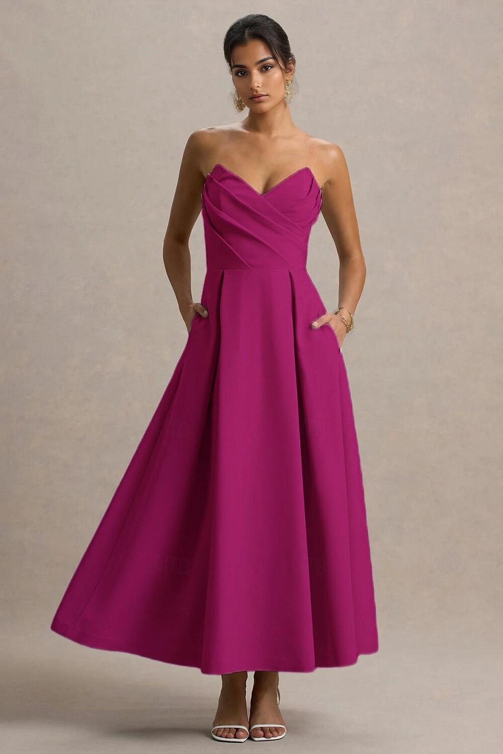 Abiti da cocktail a trapezio, eleganti, abiti da cerimonia, da sposa, lunghezza tè, midi, senza maniche, scollo a cuore, in crêpe elasticizzata con pieghe e tasca 2025 del 2025 a $129.99 –P6
