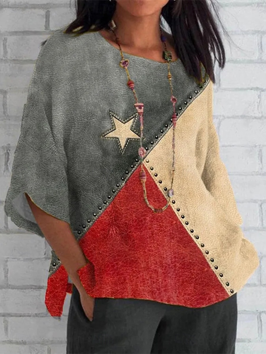 Uavhengighetsdagen Patriotiske Kvinne Bluse Lin Lignende Grafisk Flagg Bohemia Vintage Tropisk 3/4 Lengde Ermer Rund Hals Vanlige Topper Daglig Ferie Ferie Slitasje Trykk Rød Blå Grå Sommer Vår 2026 - $32.99 –P2