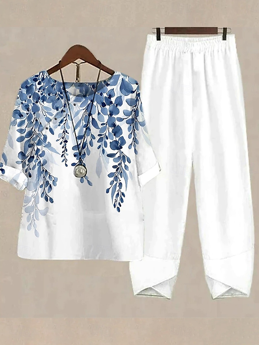 Femmes Basique Chemise Ensembles de Pantalons Demi Manches Col rond A Ombre Fleuri Graphique Imprimé Fête Décontracté Quotidien Week-end Blanche Jaune Bleu clair Été Coupe régulière de 2025 ? $44.99 –P5