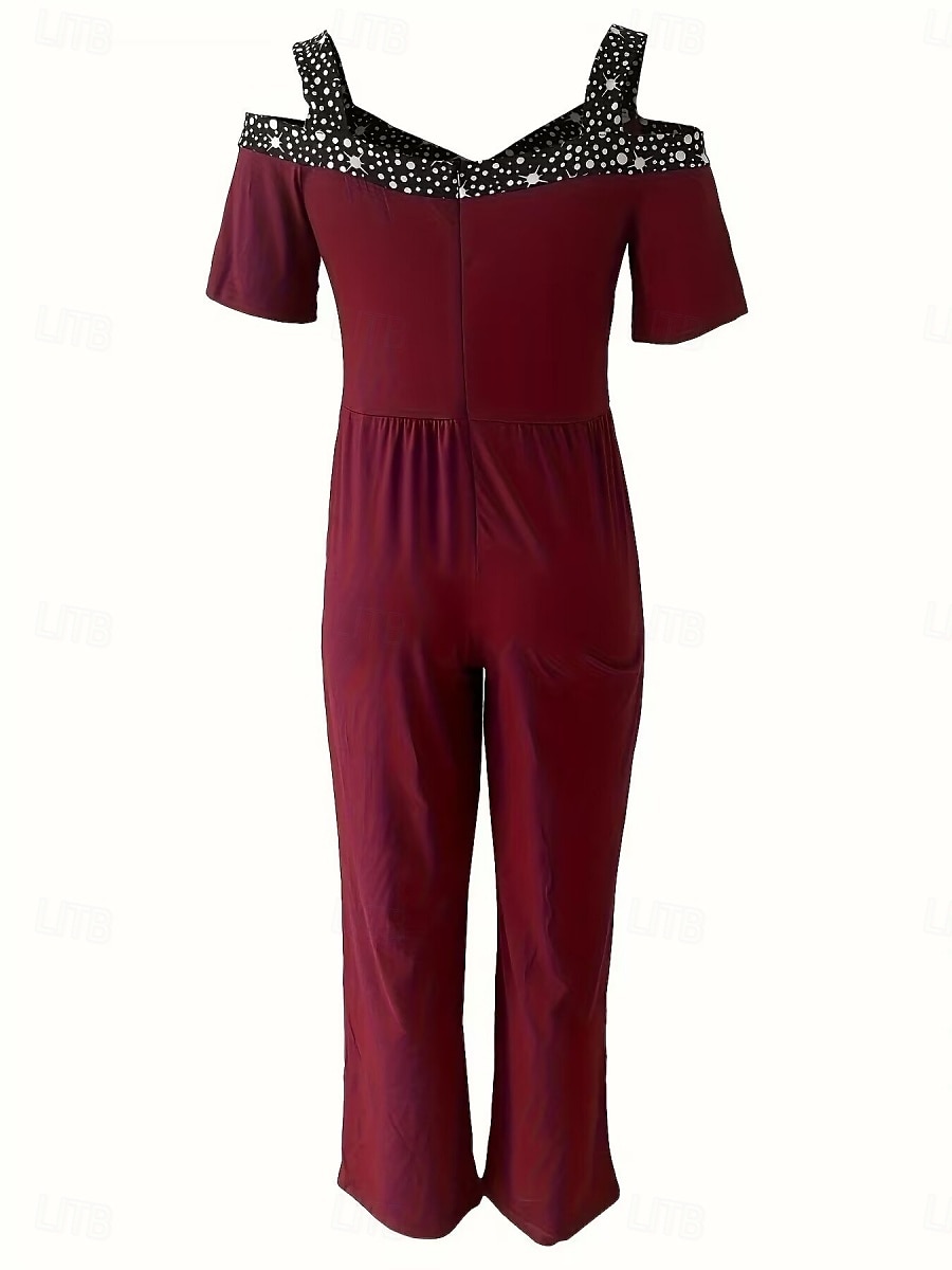 Women's Normal Jumpsuit Elegant Geometric Short Sleeve Wide Leg V Neck Patchwork High Waist Party Work Regular Fit Black Wine Blue Summer 2026 - $28.99 –P7