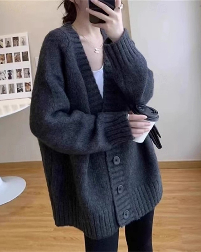 Damen Pullover Strickjacke Mode Einfarbig Gerippt V Ausschnitt Knöpfe Gestrickt Langarm Normale Oberteile Stricken Täglich Ferien Ausgehen Schwarz Dunkelgray Herbst 2025 - $28.99 –P5