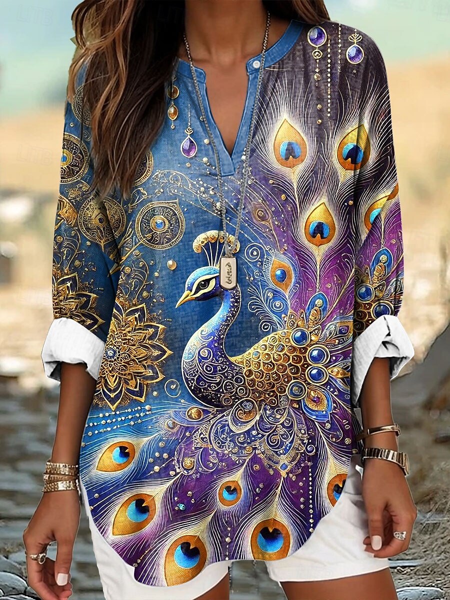 Femmes Chemisier Fleuri Graphique Animal Élégant manche longue Col en V Hauts Réguliers Quotidien Fête Imprimé Bleu Orange Vert Été Printemps de 2025 ? $24.99 –P1