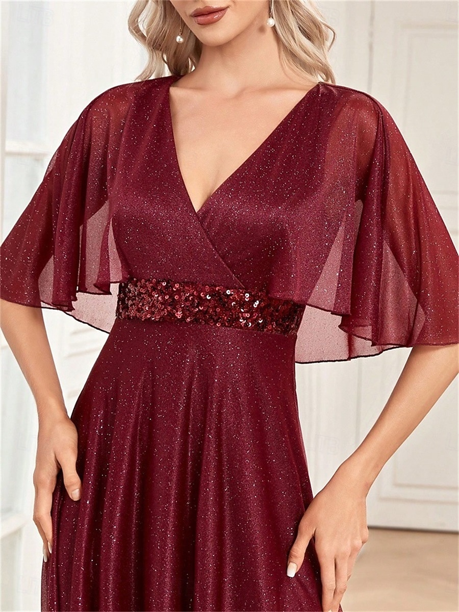 Robe de quinceanera A-Line élégante robe formelle de mariage longueur sol manches courtes col en V en satin avec plis de 2025 ? $99.99 –P10