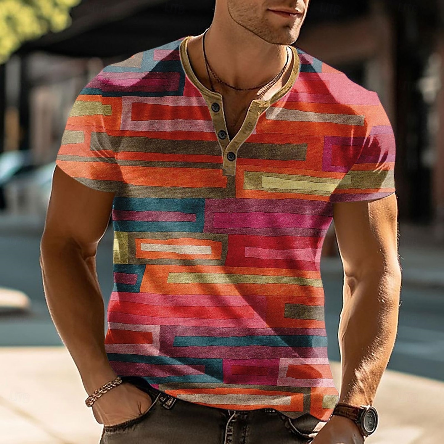 Per uomo Geometrico Maglietta Maglia Henley Manica Corta Designer Moderno Henley Casuale Quotidiano Streetwear Estate Primavera Rosa Henley Maglietta Henley del 2026 a $22.99 –P1