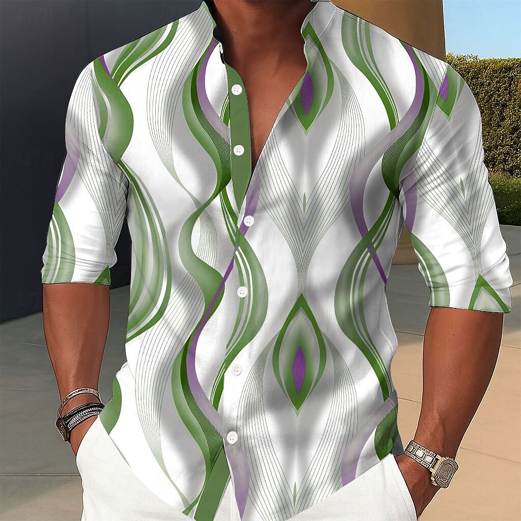 Men's Geometric Gradient Lines / Waves Shirt Stand Collar Shirt Casual Dress Shirt Long Sleeve Business Casual Vacation Home Daily Summer Spring Mandarin Collar Band Collar 3D Print Button Up Shirts 2025 - $25.99 –P3