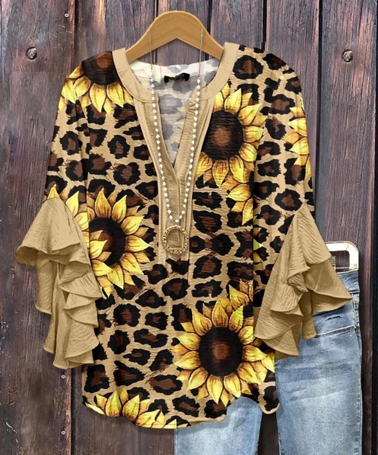Damen Bluse Blumen Grafik Gestreift Elegant Bohemien Ethnisch Dreiviertelarm V Ausschnitt Normale Oberteile Täglich Ferien Urlaubskleidung Rüsche Druck Rosa Blau Staubiges Blau Grün Khaki Sommer 2025 - $29.99 –P3