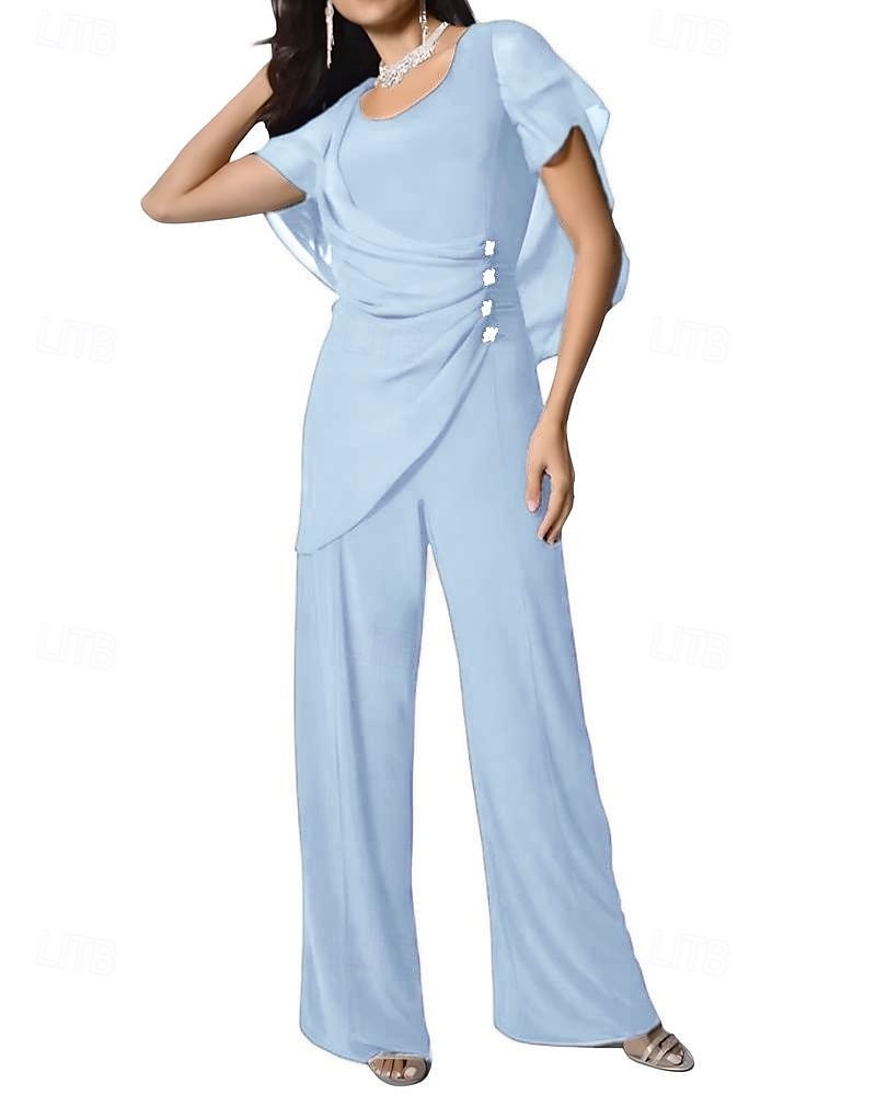 Mono  Traje con Capa Vestido Madre de la Novia Elegante Simple Minimalista Escote Pico Longitud de Piso Chiffon Manga Corta con Botones de Cristal 2025 - $129.99 –P4