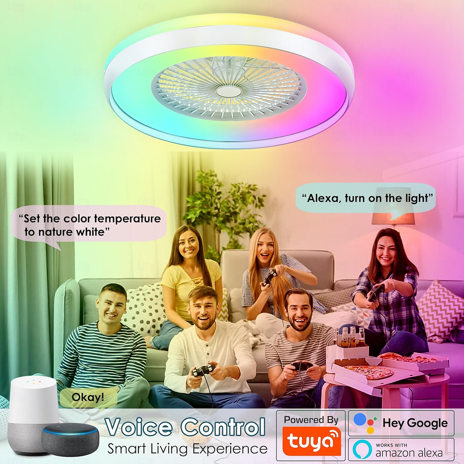 Ventilatore da soffitto senza pale con luce, ventilatore da soffitto a basso profilo, ventilatori da soffitto intelligenti RGB, telecomando Fandelier, lampadario moderno a filo chiuso del 2025 a $302.29 –P4