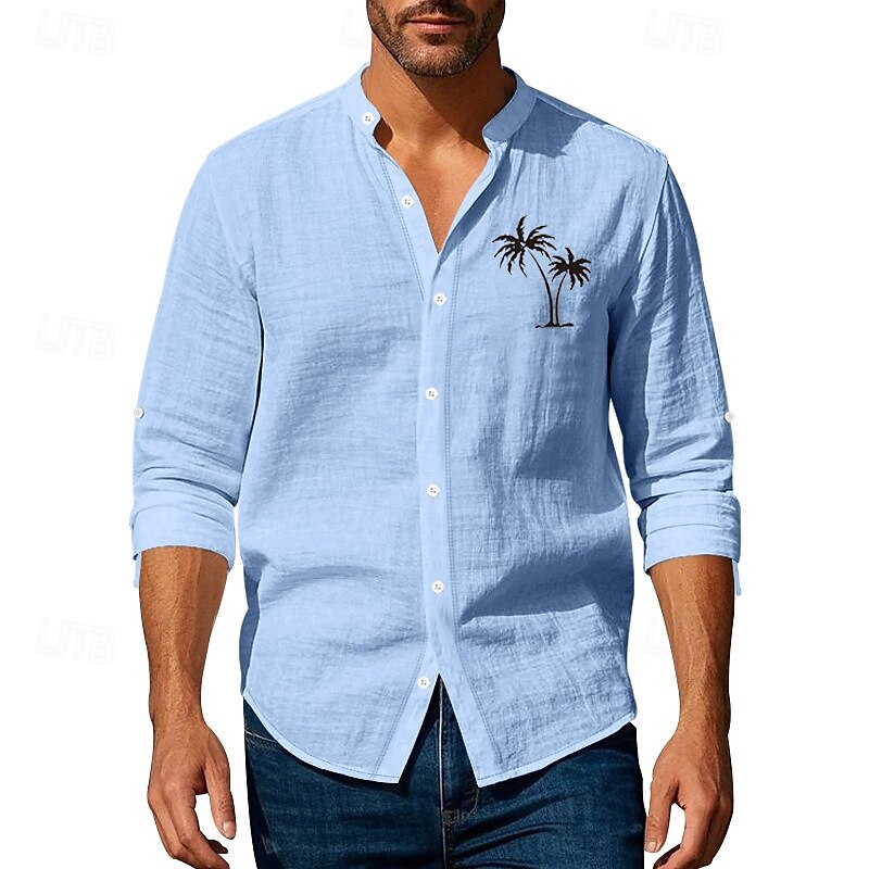 Herren Hemd Leinenhemd Freizeithemd Knopfhemd Baumwollhemd Kokospalme Urlaub Hawaiianisch Schwarz Weiß Khaki Grau Langarm Stehkragen Sommer Frühling Bekleidung Druck 2025 - $26.99 –P1