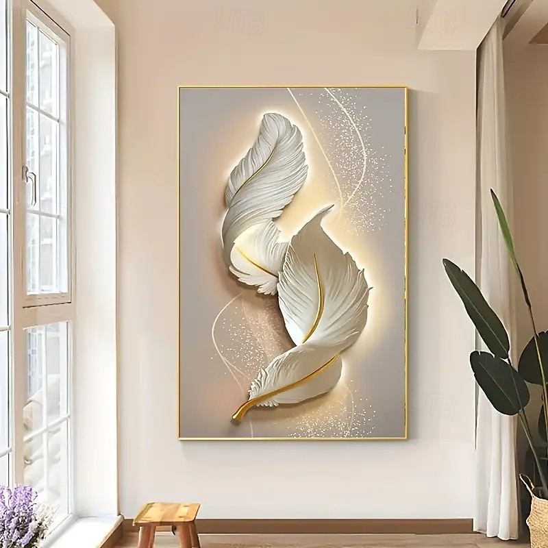 elegante große rahmenlose Leinwandkunst – ruhige weiße Federn mit goldenen Akzenten, moderne abstrakte Wanddekoration, Raumdekor für Wohnzimmer und Schlafzimmer 2025 - $10.49 –P4