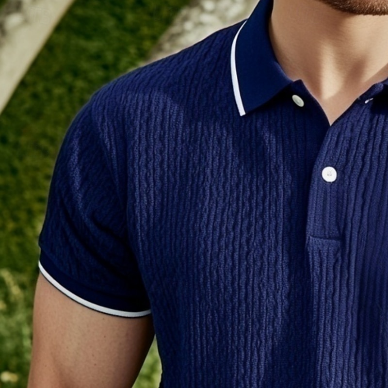 Herren Rippenstrick-Top Golf Poloshirts Arbeit Lässig Revers Gerippter Polokragen Kurzarm Basic Modern Farbblock Knöpfe Gestrickt Frühling & Sommer Normale Passform Marineblau Rippenstrick-Top 2025 - $22.99 –P2