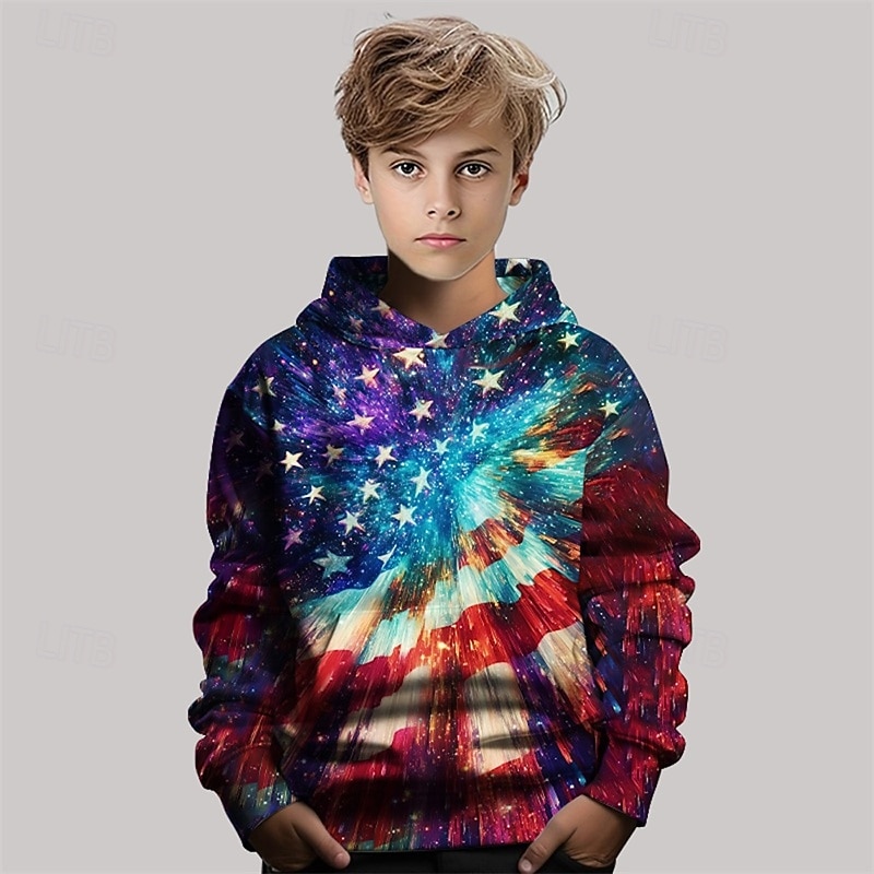 American Independence Day Boys' 3D Flag Hoodie Long Sleeve Spring Fall Fashion Streetwear Kids 4-12 Years Hooded Casual Daily Outdoor Regular Fit 2026 - E£1051.83 –P2
