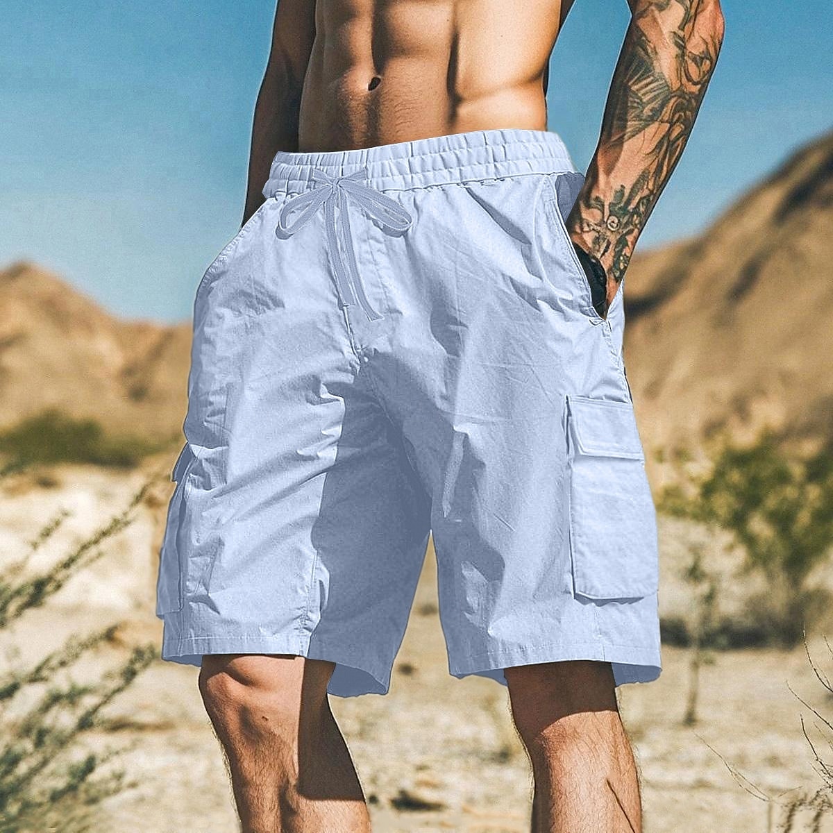 Homens Bermuda Cargo Calção Shorts de verão Bermudas Shorts de praia Com Cordão Bolso multi Perna reta Tecido Respirável Pavio Humido Comprimento do joelho Ao ar livre Casual Diário Férias Moda de 2025 por $25.99 –P2